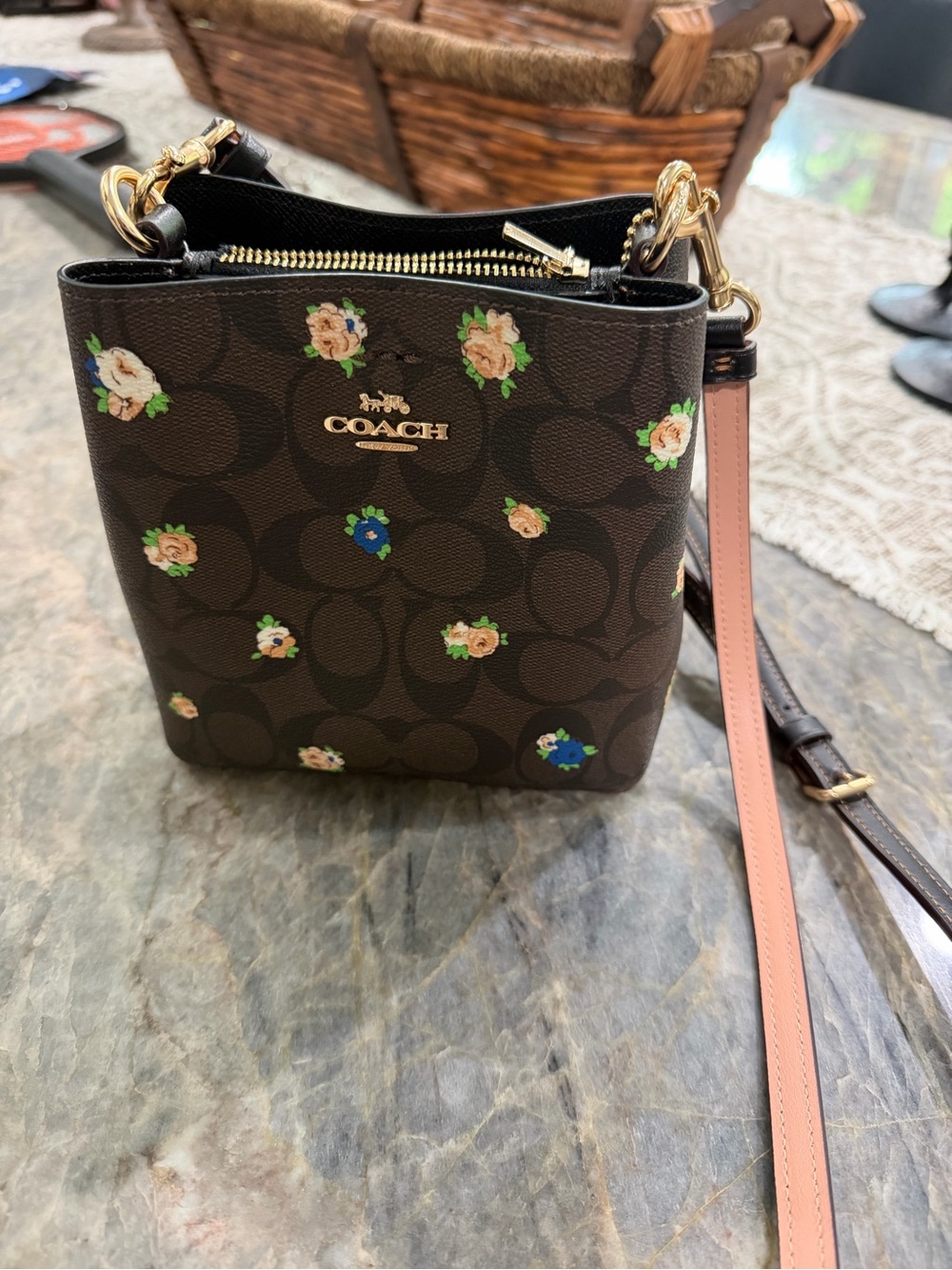 Coach Brown Signature Floral Crossbody with Pink Strap